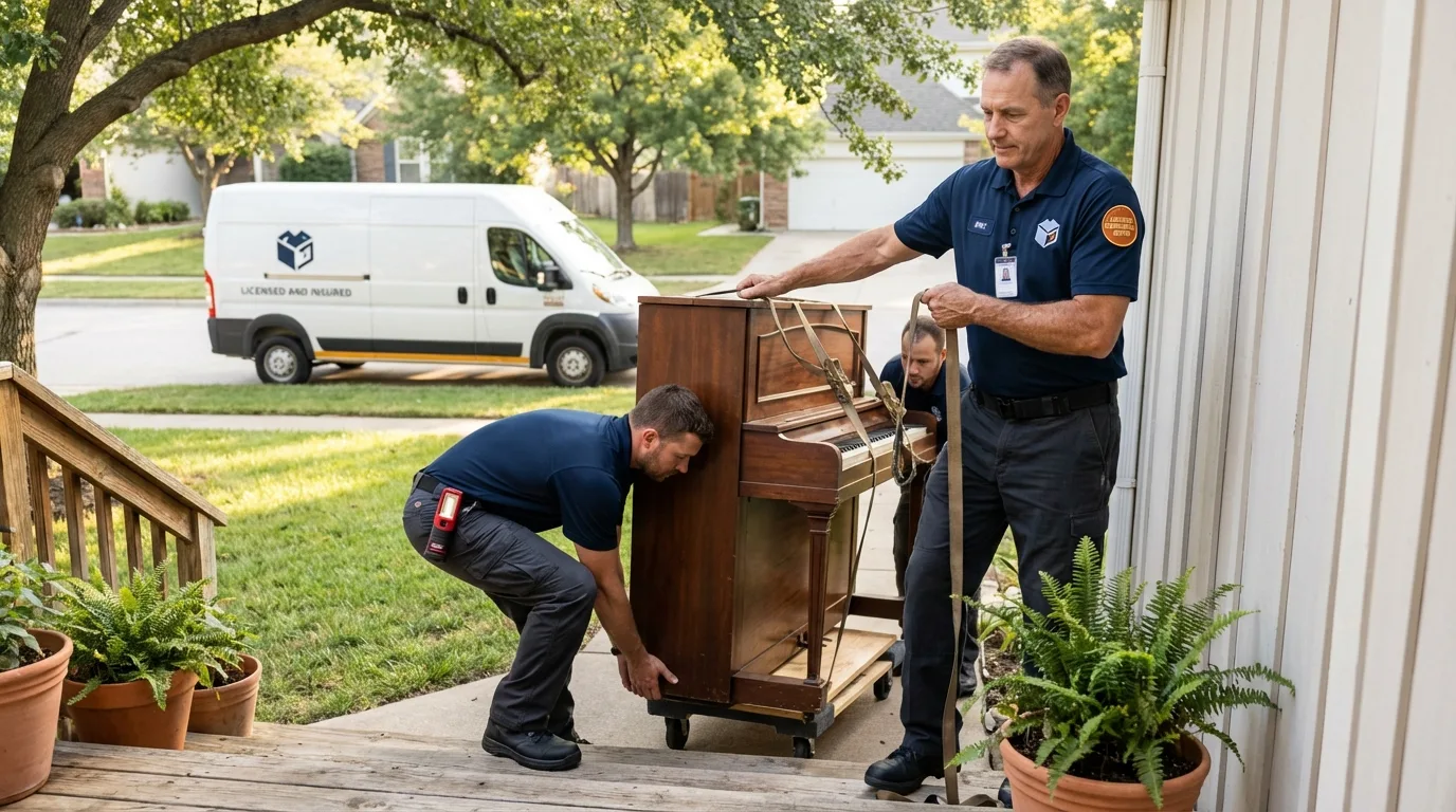 Licensed piano movers securing grand piano in Blackshear, GA